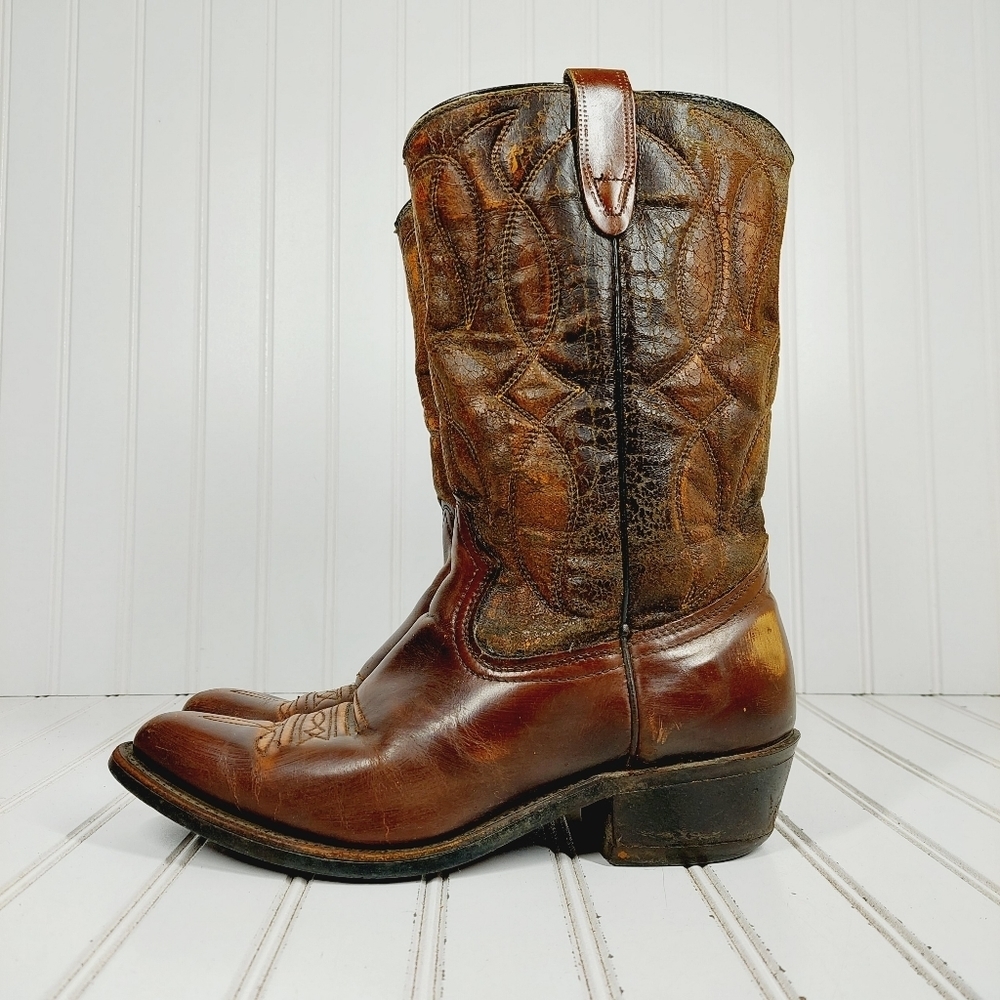 Bronco Brown Embroidery Leather Slip On Block Heel Pointy Toe Western Boots D186